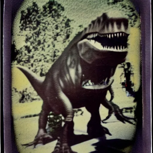 Prompt: a degraded polaroid of a t-rex selfie