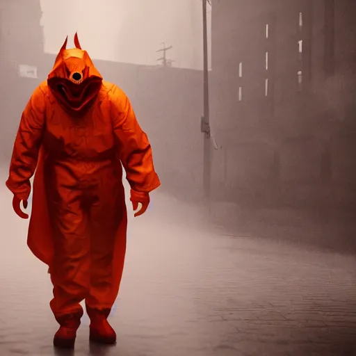 Image similar to hooden villain wearing a red oni mask, orange hazmat suit, dark background, unreal engine 5, ultra realistic, detailed, fog, volumetric lighting, by greg rutkowski,