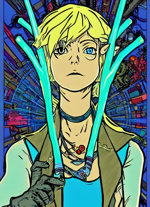 Image similar to biopunk zorra link from zelda!! portrait illustration, pop art, splash painting, art by geof darrow, ashley wood, alphonse mucha, makoto shinkai