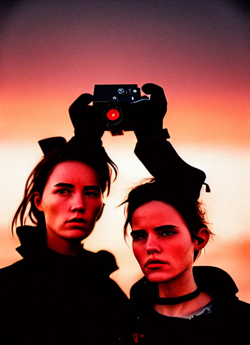 Image similar to cinestill 5 0 d photographic portrait of two sultry loving female androids wearing rugged black techwear on a desolate plain with a red sky, extreme closeup, cyberpunk style, garters, dust storm, 8 k, hd, high resolution, 3 5 mm, f / 3 2, ultra realistic faces, ex machina