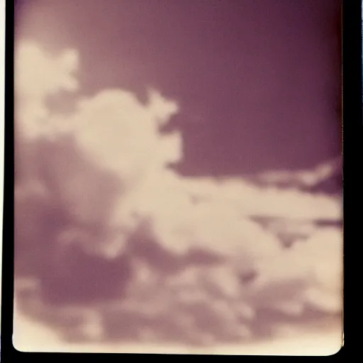 Image similar to an aged polaroid photo of a young woman seen from behind, the sun exploding in the sky, detailed clouds, high contrast, film grain, color bleed