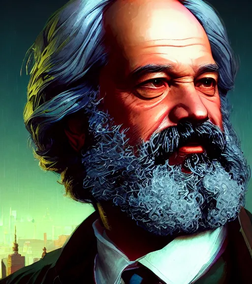 Image similar to highly detailed portrait karl marx in gta v, cyborg, cyberpunk, stephen bliss, unreal engine, fantasy art by greg rutkowski, loish, rhads, ferdinand knab, makoto shinkai and lois van baarle, ilya kuvshinov, rossdraws, tom bagshaw, global illumination, radiant light, detailed and intricate environment