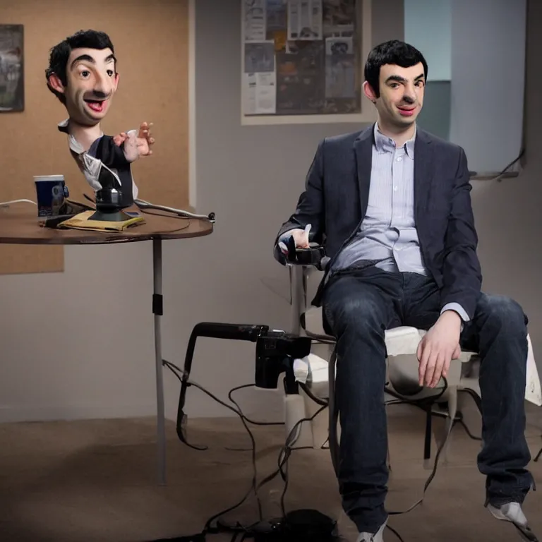 Prompt: dslr photograph of nathan fielder from nathan for you on comedy central controlling a puppet version of himself filmed by a tv crew, high detail!!! 8 k photorealism sharp focus volumetric lighting, coherent!!! art directed, rule of thirds,
