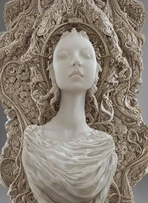 Prompt: romantic marble sculpture of beautiful woman, glistening, mandelbulb, masterpiece, rodin, michelangelo, hypercube, ivory carving, fractal paisley inlay, lace, intricate, elegant, highly detailed, gold inlay, metallic, ivory, artgerm, lace, by ruan jia and greg rutkowski