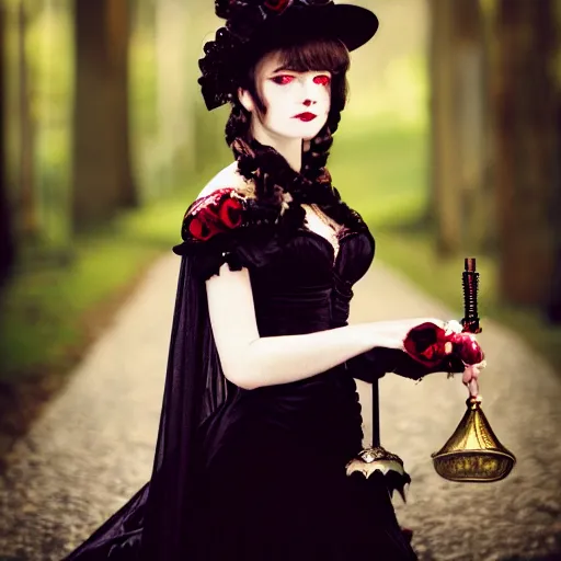 Image similar to A beautiful portrait of a lady vampire, victorian, '20, photography, 35mm, depth of field, bokeh, soft light, cinematic