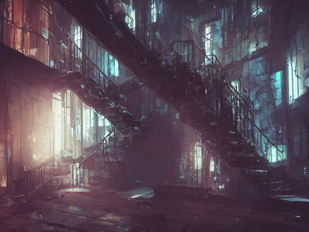 Image similar to a cellar staircase, cyberpunk style, digital painting, concept art, smooth, sharp focus, hyperrealistic, illustration, artstation trending, octane render, unreal engine, ambient light, dynamic lighting, magical, dark vibes, Cyberpunk 2077