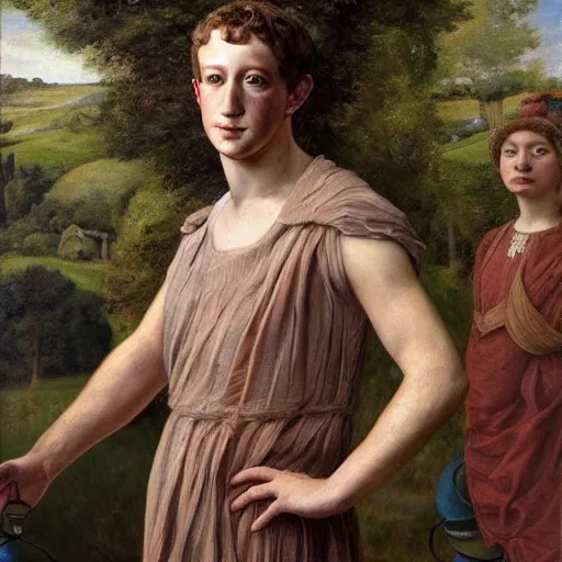 Prompt: Mark Zuckerberg in a Hoop Dress, pre-raphaelite brotherhood, oil on canvas classic masterpiece, highly detailed gigapixel scan,