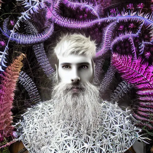 Prompt: a male knight with beard, stern face, clear eyes, shining armour made of steel, and fractal hair in a fractal garden, glowing delicate flower, berries and ferns that grow in a dark flowering fantasy forest, full frame,