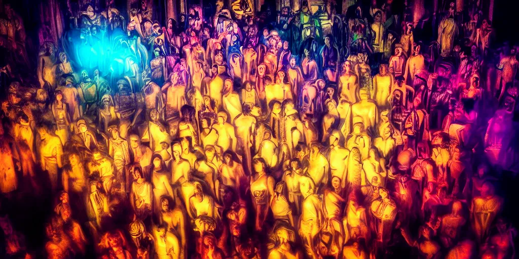 Image similar to love, overlays superposition of groups of people with glowing bodies, from behind, rebirth, wide angle, cinematic atmosphere, elaborate, highly detailed, vivid colors, dramatic lighting