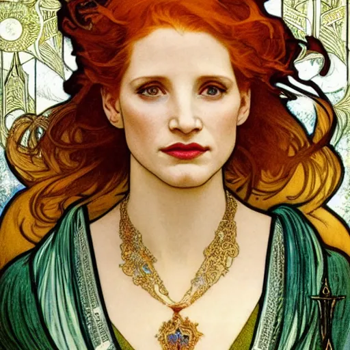 Image similar to jessica chastain portrait by louis - theophile hingre and alphonse mucha, realistic, sharp focus, zodiac signs, tarot cards, planets, ethereal, art nouveau, magic, moon, sun, crown, dreamy, royal, jewellery