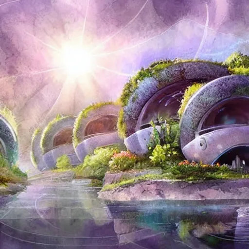 Image similar to beautiful happy picturesque charming sci - fi organic pod - like homes of the future in a beautiful natural scene. water, trees and rocks. beautiful light. soft colour scheme. beautiful artistic detailed watercolor by lurid. ( 2 0 2 2 )