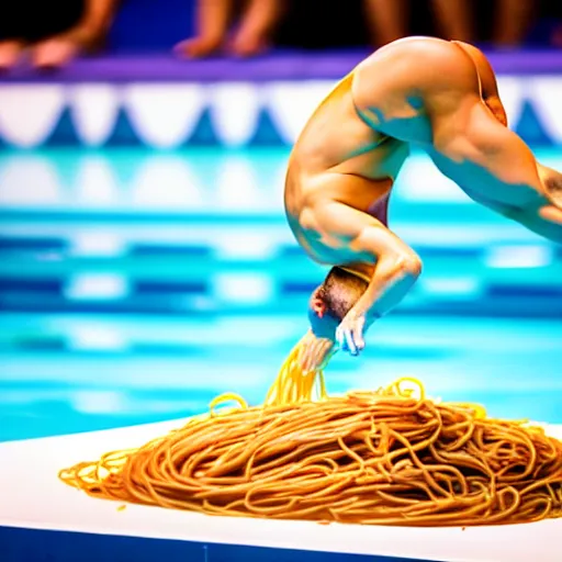 Image similar to uhd photo of olympic diver diving into a pool of spaghetti, uhd hyperdetailed photography