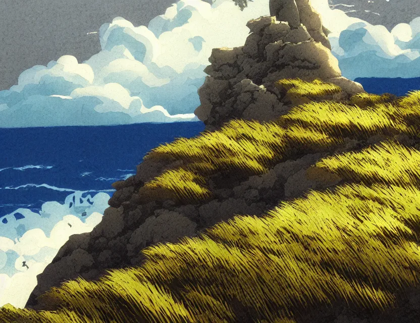 Prompt: windswept cliffs. gouache by award - winning mangaka, chiaroscuro, intricate details, bokeh, backlighting, field of depth