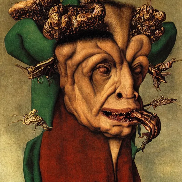 Image similar to close up portrait of an overdressed mutant monster creature with snout, horns, insect wings, unibrow, piercing eyes, toxic smile. jan van eyck, audubon