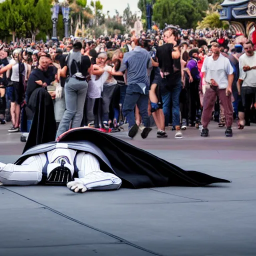 Image similar to darth vader trips and falls down in front of a crowd in star wars land at disneyland, real life, high quality photo