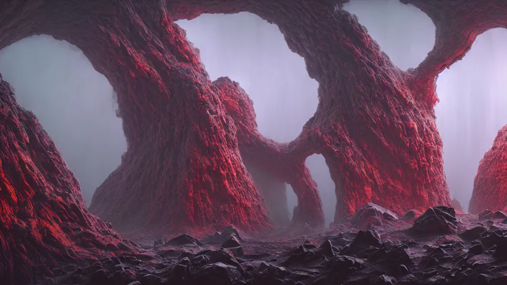 Image similar to Prometheus biological sci-fi environment set in a nightmarish universe of odd forms and somber tapestry, humans exploring, HR Giger and Zdzisław Beksiński, vivid color scheme, featured in artstation, octane render, cinematic, elegant, intricate, 8k