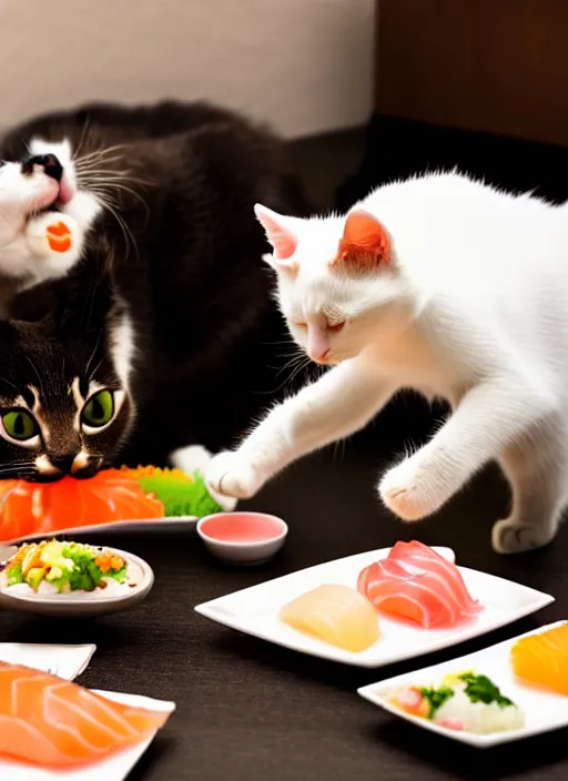 Image similar to clear photograph of cute cats stealing sushi from sushi plates