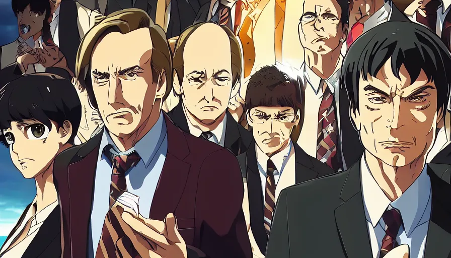 Image similar to better call saul anime key visual art, anime, pixiv fanbox, shinkai makoto style