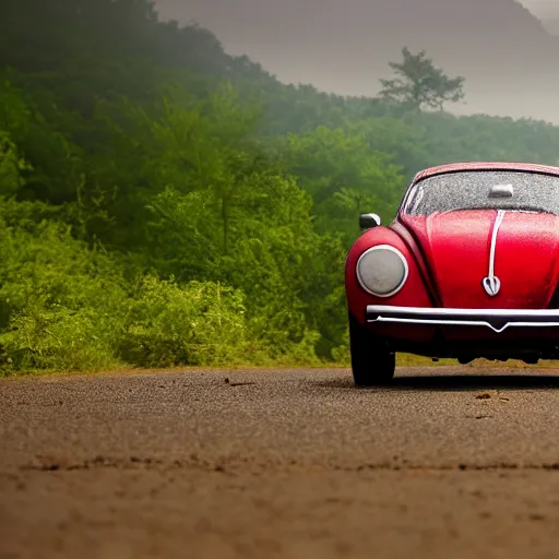 Image similar to promotional scifi - mystery movie scene of a ( volkswagen beatle ) and ladybug hybrid that's more ladybug. racing down a dusty back - road in smokey mountains tennessee. cinematic, 4 k, imax, 7 0 mm, hdr