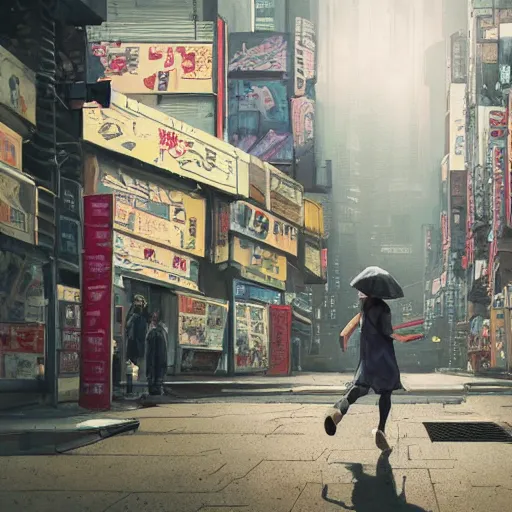 Image similar to incredible wide screenshot, ultrawide, simple watercolor, rough paper texture, ghost in the shell movie scene, backlit distant shot of girl in a parka running from a giant robot invasion side view, yellow parasol in deserted dusty shinjuku junk town, broken vending machines, bold graphic graffiti, old pawn shop, bright sun bleached ground, mud, fog, dust, windy, scary robot monster lurks in the background, ghost mask, teeth, animatronic, black smoke, pale beige sky, junk tv, texture, brown mud, dust, tangled overhead wires, telephone pole, dusty, dry, pencil marks, genius party,shinjuku, koji morimoto, katsuya terada, masamune shirow, tatsuyuki tanaka hd, 4k, remaster, dynamic camera angle, deep 3 point perspective, fish eye, dynamic scene