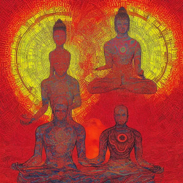 Prompt: human meditating supreme peace immense knowledge infinite color dmt art red yellow orange fear impending doom