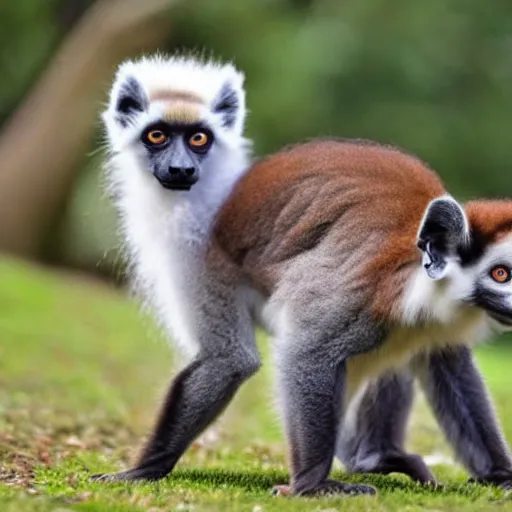 Prompt: monkey - cat - dog - fox hybrid in lemur pose, fluffy white fur, very long tail