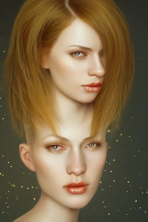 Image similar to Portrait of a beautiful pale skin Nordic female with short black hair, elegant, photorealistic, highly detailed, artstation, smooth, sharp focus, gold ornaments, neon lighting, sci-fi, art by Klimt.