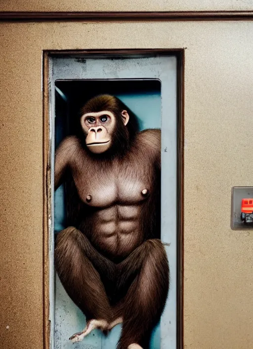 Image similar to uncanny hybrid human - ape, half human half ape inside fuse box in post communist apartment building