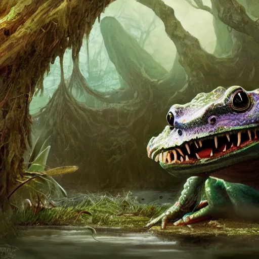 Prompt: an amphibian goblin in a swamp, digital art, matte painting, fantasy art, 8 k, trending on artstation, ultra detailed