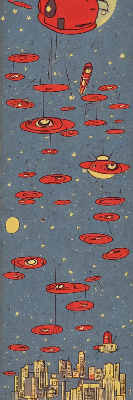 Image similar to a gigantic red eyed alien flying over a little US city, his cylindric wooden spaceship over him with multiple little colored lights around the spaceship, old graphic comics design, 1940's photography