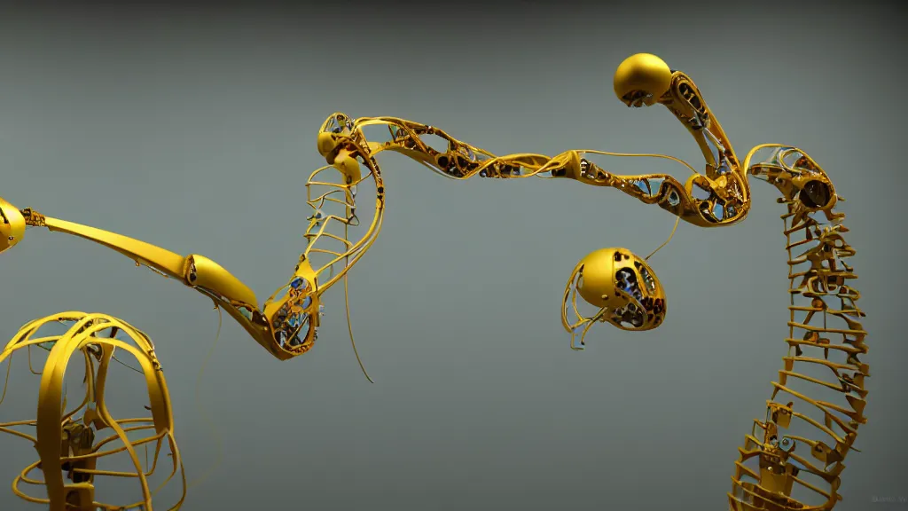 Image similar to a complex bifurcated robotic cnc surgical arm hybrid 3 d printer machine making organic ceramic kintsugi mandlebulb forms in the laboratory room, very thin gold wire, film still from the movie directed by denis villeneuve with art direction by salvador dali, wide lens, f 3 2, cinematic lighting, studio quality, smooth render, unreal engine 5 rendered, octane rendered