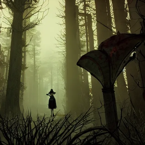 Image similar to realistic artnouveau style american mcgee's alice madness returns layers of fear style in a foggy twisted forestsharp focus very detailed 8 k cinematic