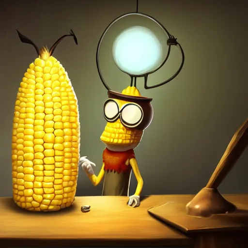 Prompt: Anthropomorphic corn cob is a video game developer working late into the night on his greatest game ever, hyperrealistic, artstation, 8k, concept art, very detailed, hd, digital painting, dramatic lighting