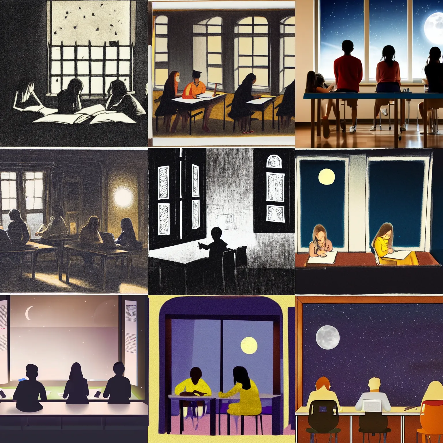 Prompt: students studying in a classroom at night time, night, moonlight, window