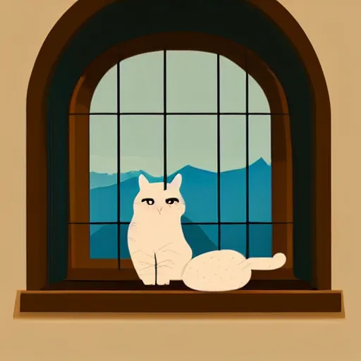 Prompt: a beautiful landscape including mountains and plains through a window, cat sitting on the edge of the window, illustration, digital art, trending on artstation, no signature