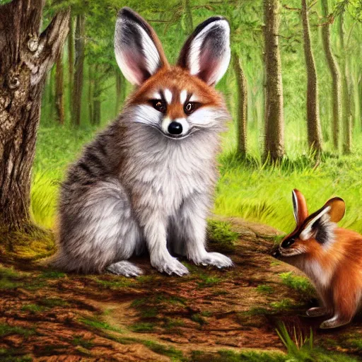 Image similar to cute fluffy hybrid animal cross between fox, raccoon, and lop eared bunny rabbit sitting in a forest landscape detailed painting 4 k