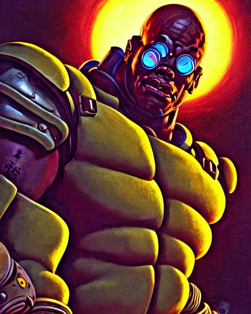 Image similar to doomfist from overwatch, character portrait, portrait, close up, concept art, intricate details, highly detailed, vintage sci - fi poster, retro future, vintage sci - fi art, in the style of chris foss, rodger dean, moebius, michael whelan, and gustave dore