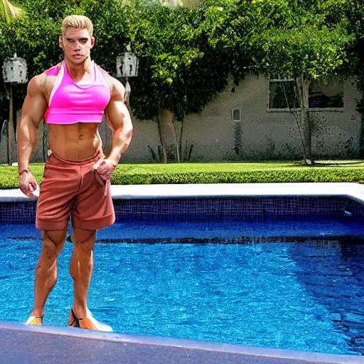 Image similar to a handsome muscular male fitness model with blonde hair, chris redfield, who is a male android, muscular, wearing a cut - off pink top and short light orange shorts, stands by a swimming pool