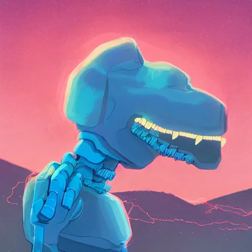 Image similar to a ghost - like creature with cyan skin, blue triangle eyes and blue - purple hair in blue armor with a long red scarf and grey robotic hand implants with sharp claws with glowing light - blue markings across the body hovering in the air with a friendly pose, art by simon stalenhag