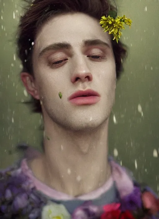 Prompt: Kodak Portra 400, 8K,ARTSTATION, Caroline Gariba, soft light, volumetric lighting, highly detailed, britt marling style 3/4 , extreme Close-up portrait photography of a Dorian Electra hiding in flowers how pre-Raphaelites with his eyes closed,inspired by Ophelia paint, his face is above water Pamukkale, raining, crying face above water in bubbles, hair are intricate with highly detailed realistic , Realistic, Refined, Highly Detailed, interstellar outdoor soft pastel lighting colors scheme, outdoor fine photography, Hyper realistic, photo realistic