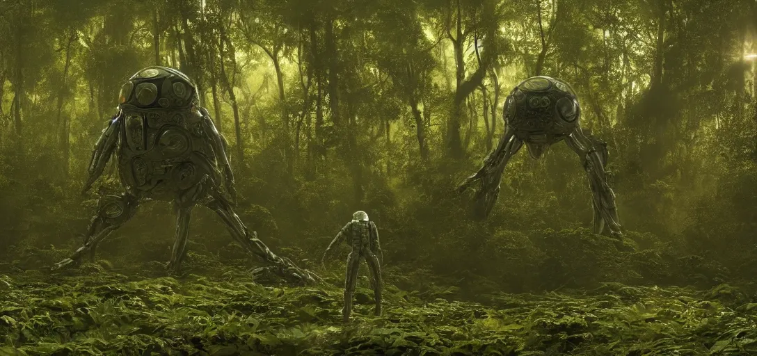 Image similar to an astronaut taking a photo of a complex organic fractal 3 d metallic symbiotic ceramic humanoid megastructure creature in a swampy lush forest, foggy, sun rays, cinematic shot, photo still from movie by denis villeneuve, wayne barlowe