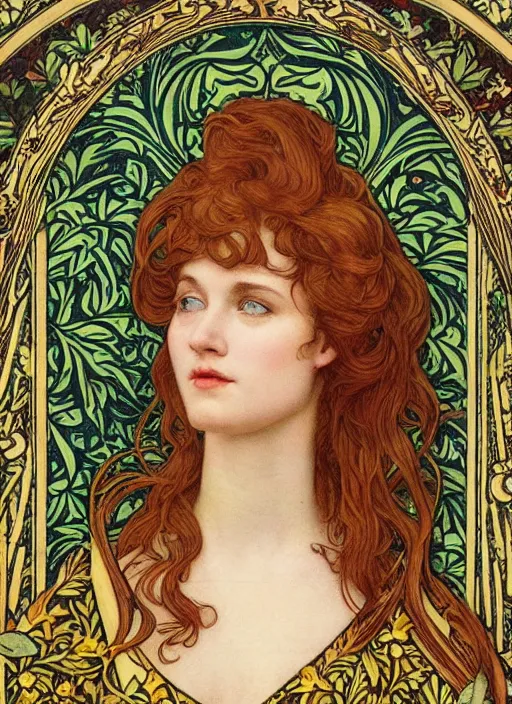 Image similar to masterpiece beautiful seductive flowing curves pose preraphaelite portrait photography, extreme closeup shot, straight bangs, thick set features, yellow ochre ornate medieval dress, amongst foliage mushroom forest arch, circle, william morris and kilian eng and mucha, framed, 4 k
