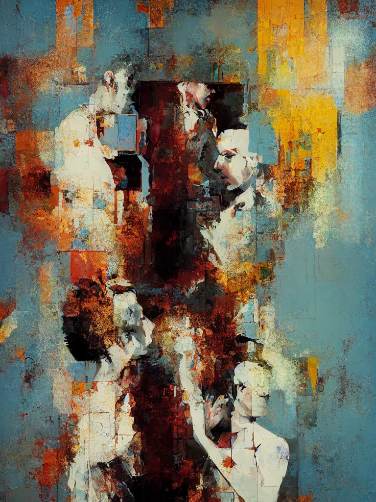 Prompt: a beautiful painting by nick runge of a couple in front of a mirror in a glitched bathroom, metal rust and plaster materials, pixel sorting, color bleeding, brushstrokes by jeremy mann