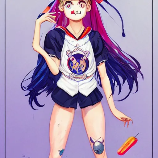 Prompt: portrait of sailor moon with arm tattoos, stitched together, soft eyes and narrow chin, dainty figure, long hair straight down, torn overalls, short shorts, combat boots, basic white background, side boob, symmetrical, single person, style of by jordan grimmer and greg rutkowski, crisp lines and color,