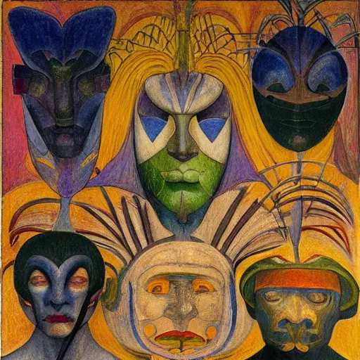 Image similar to painting of a facemask made of flowers, by annie swynnerton and jean delville and edward hopper and evelyn de morgan and rufino tamayo and diego rivera, art deco flower shaman, art brut, outsider art, symbolist, dramatic lighting, god rays, elaborate geometric ornament, clean crisp graphics, smooth sharp focus, extremely detailed, adolf wolfli