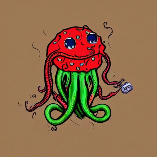 Image similar to Cthulhu with spaghetti as its tentacles, and a meatballs as its eyes