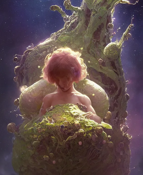 Prompt: portrait of an alien fungus creature, adorable, childlike, milky way environment, ultra realistic, concept art, cheerful, photorealistic, octane render, 8 k, unreal engine. art by christopher marley and artgerm and greg rutkowski and alphonse mucha