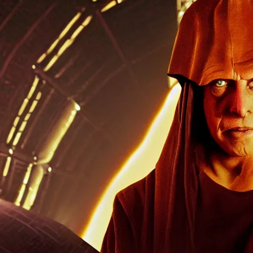 Image similar to elon musk as emperor palpatine as seen in raiders of the lost ark, 8k resolution, full HD, cinematic lighting, award winning, anatomically correct