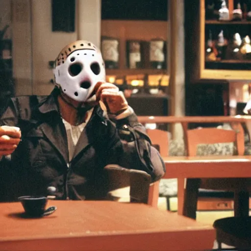 Image similar to photograph of jason voorhees having a coffee at an european caffé