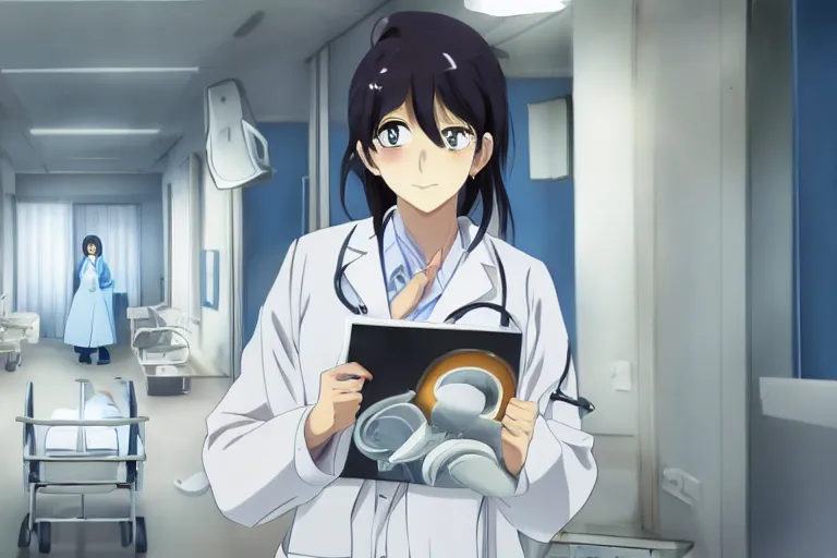 Image similar to a cute and beautiful young lady, a radiologist wearing white coat in a hospital ward, highly detailed, slice of life anime, anime scenery by Makoto shinkai